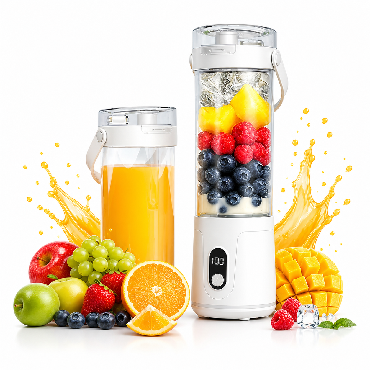 Portable rechargeable blender for smoothies and fresh fruit juice on the go