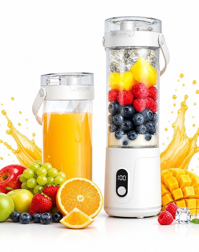 Portable rechargeable blender for smoothies and fresh fruit juice on the go